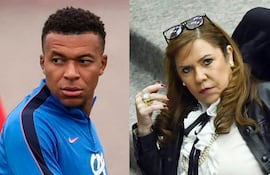 Mbappé vestido con camiseta azul y Celeste Amarilla en chaqueta negra, ambos en entornos separados con expresiones intensas.
