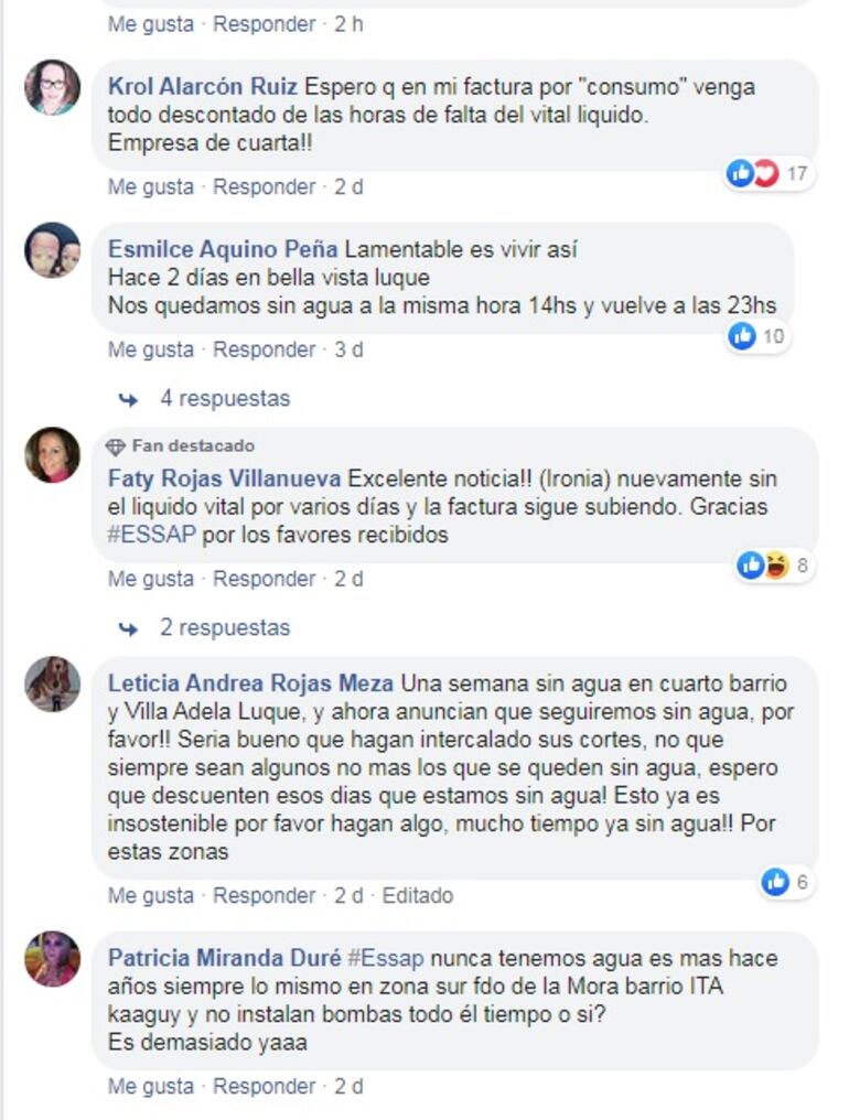 En la página de Facebook de la Essap, los usuarios denuncian que continúan los cortes en el servicio.
