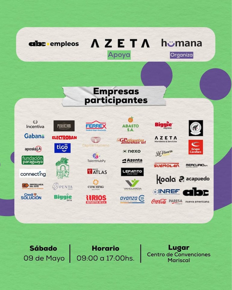 Cartel informativo de la feria de empleos con logos de empresas en fondo verde, sin personas visibles.