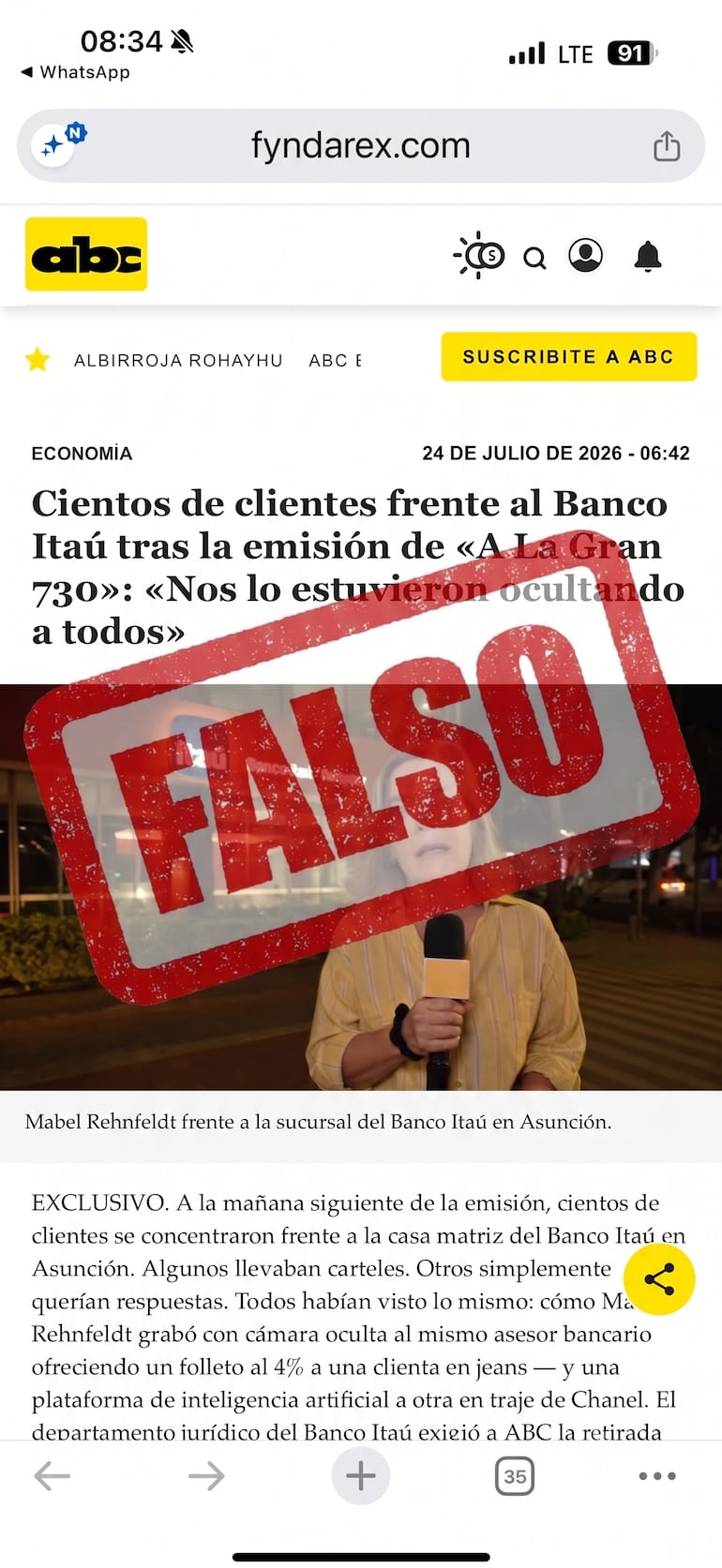 Noticia sobre Mabel R con logo de falso