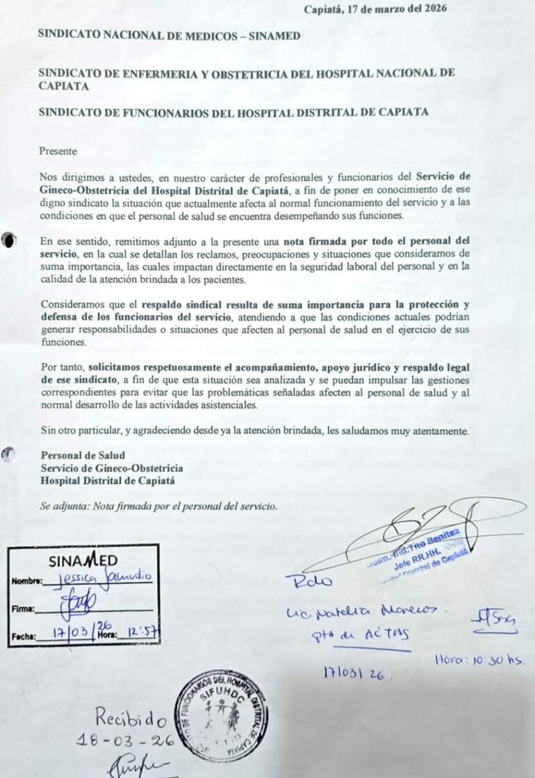 Nota enviada al Sinamed para solicitar apoyo lega.