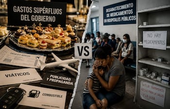 Mujer angustiada abraza a un niño en sala de espera, rodeados de carteles sobre desabastecimiento de medicamentos y gastos gubernamentales.