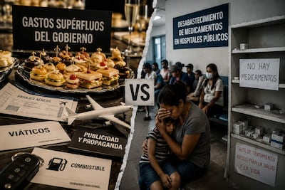 Mujer angustiada abraza a un niño en sala de espera, rodeados de carteles sobre desabastecimiento de medicamentos y gastos gubernamentales.