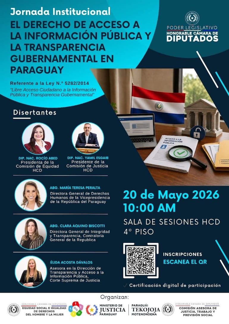 Cartel informativo sobre la jornada institucional, destacando disertantes y temas de transparencia gubernamental. Bandera de Paraguay visible.