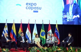 El moderador del panel, Carlos Mateo Balmelli; el director de Ingresos Tributarios, Oscar Orué; la ministra de Trabajo, Mónica Recalde; el viceministro de Comercio, Oscar Stark y el viceministro de Economía, Javier Charotti, en la Expo Capasu, en el Centro de Convenciones de la Conmebol.