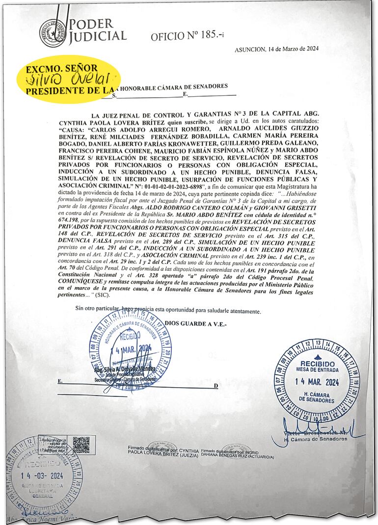 El oficio relacionado al pedido de desafuero de  Mario Abdo Benítez tuvo que ser corregido a mano.