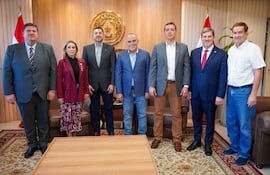 El vicepresidente Pedro Alliana junto con senadores del cartismo un día antes del tratamiento del proyecto de ley de tren de cercanías.