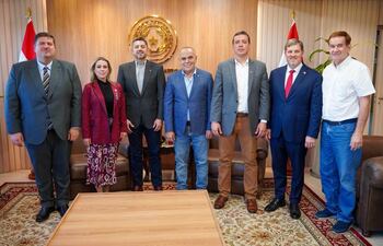 El vicepresidente Pedro Alliana junto con senadores del cartismo un día antes del tratamiento del proyecto de ley de tren de cercanías.