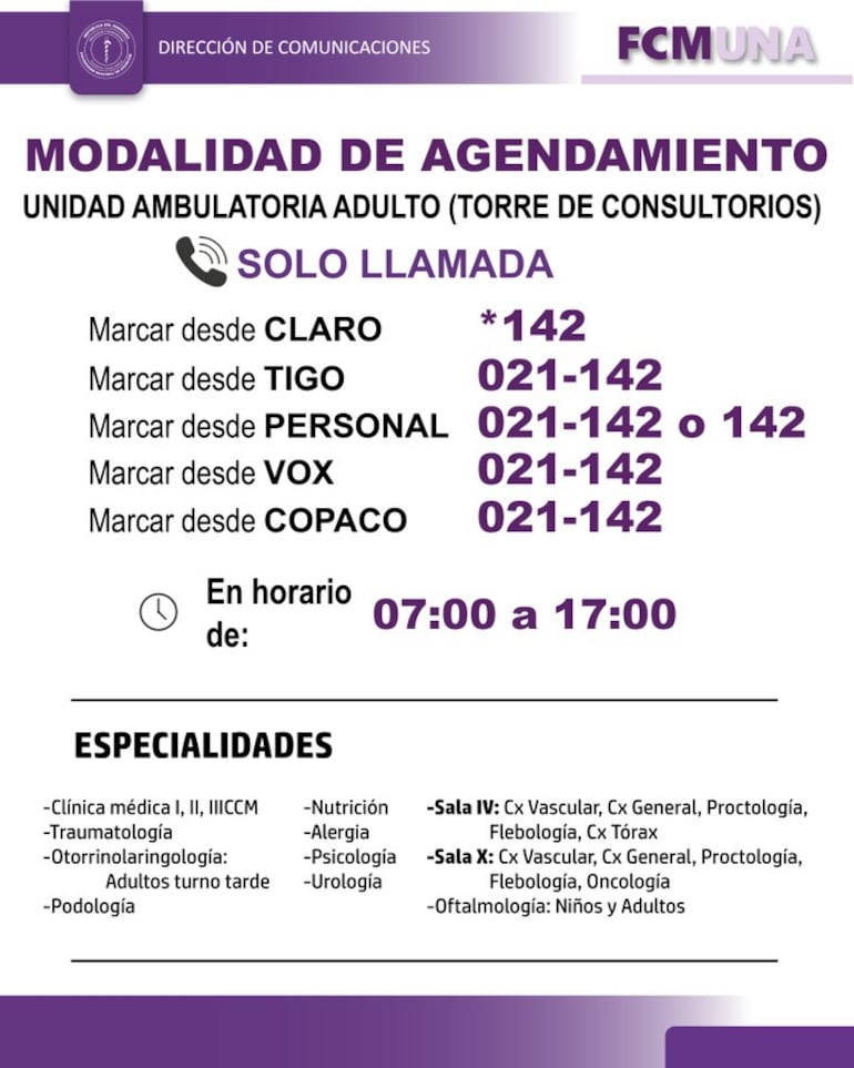 Números para agendamiento en la unidad ambulatoria adulto.
