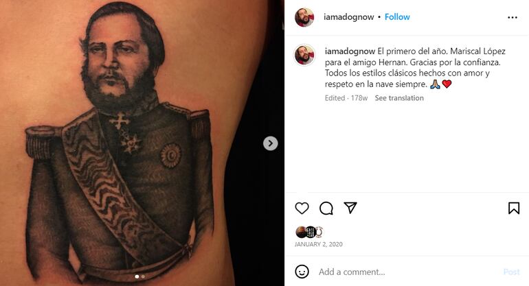 Walter De Souza Lobo tatuó el retrato del Mca. Francisco Solano López. Instagram: @iamadognow