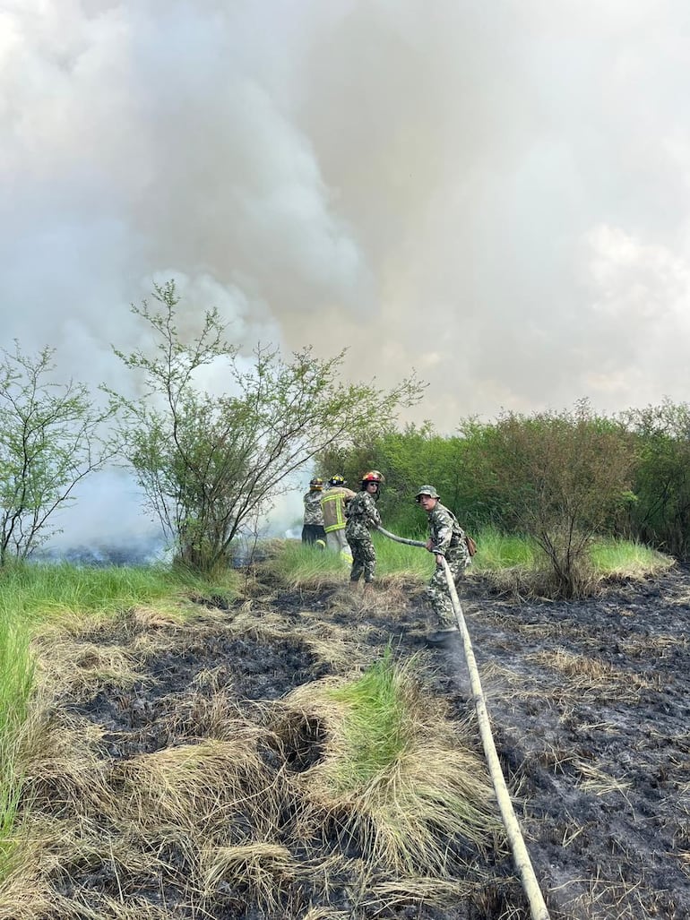 Militares de la 4° División de Infantería de Concepción combaten el fuego, en el predio de la estancia Santa Rita de la familia Denis, en Concepción.
