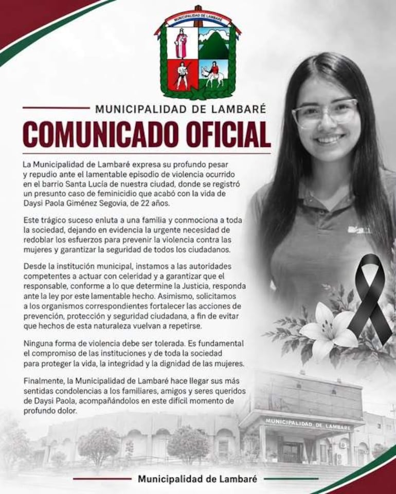 Comunicado oficial con escudo de Lambaré, con un fondo centrado en un mensaje de repudio y una mujer posiblemente autoridad municipal.