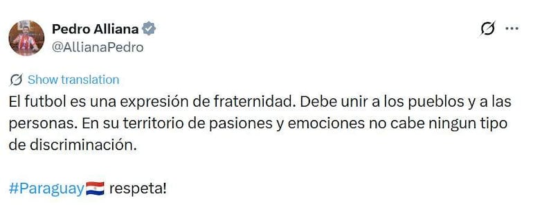 El vicepresidente Pedro Alliana emitió un tuit sobre la fraternidad en el fútbol, rechazando cualquier tipo de discriminación tras las expresiones de la senadora Celeste Amarilla contra Mbappé.