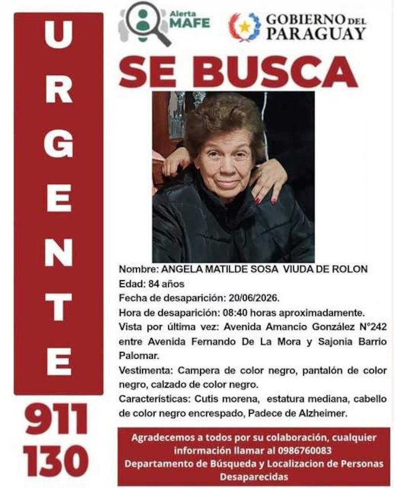 Desaparece mujer de 84 años en Asunción