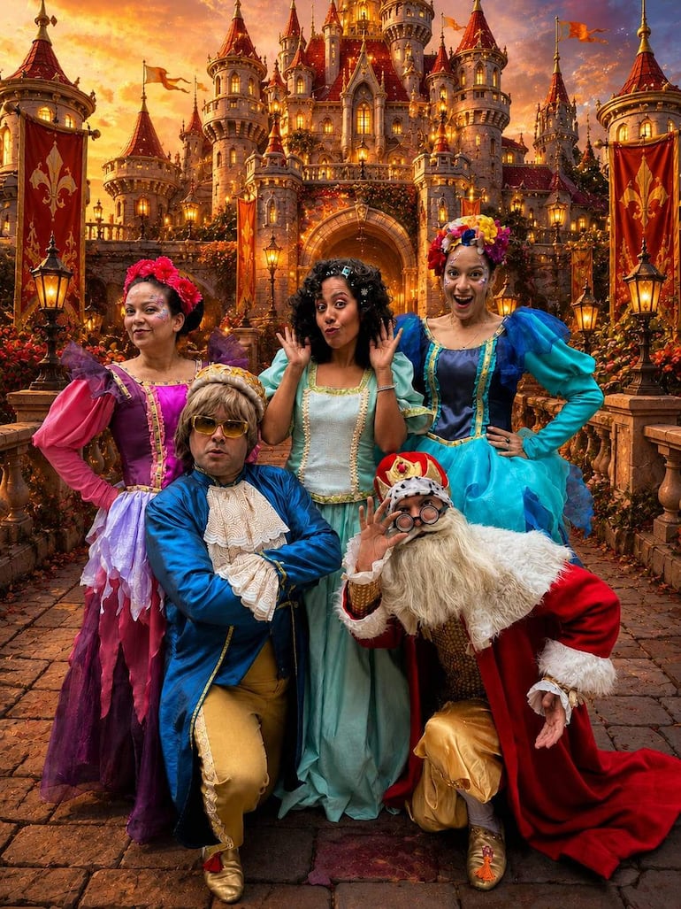 Grupo de cinco personas disfrazadas: mujer en vestido rosa, otra en azul, un hombre con peluca y gafas, y dos mujeres con vestidos coloridos frente a un castillo.