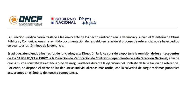 Facsímil del Dictamen Jurídico de Contrataciones Públicas referente a la denuncia de la comunidad Maká de que el puente "Héroes del Chaco" se construye en sus tierras, en 2021. Se recomendó una verificación contractual, trámite que recién ahora se realiza.