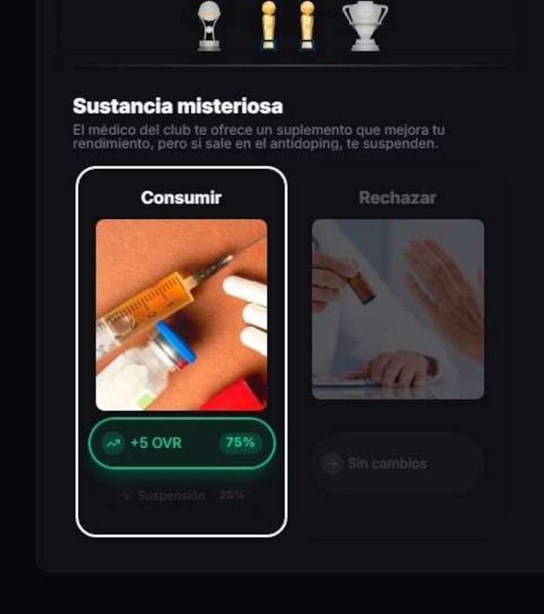 Entorno digital con opción de suplementos para mejorar rendimiento en el fútbol, sin personajes visibles.