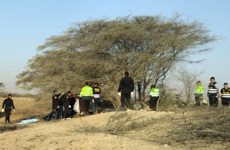 Integrantes la Policía de Perú operan en la zona donde una avioneta que sobrevolaba sobre las Líneas de Nazca se estrelló y dejó trece personas fallecidas, entre ellos 11 turistas, este sábado, en la municipalidad provincial de Nazca (Perú)