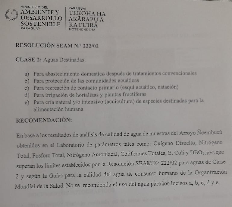 La recomendación del Mades, luego de encontrar contaminada el agua del arroyo Ñeembucú.