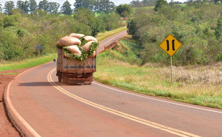 Camión cargado con sacos grandes circula por la carretera PY07, rodeado de vegetación densa y señal de curva peligrosa.