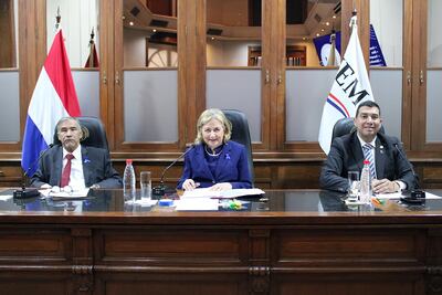 Miembros del JEM que sesionaron en forma presencial: el ministro de la Corte Manuel Ramírez Candia, la vicepresidenta 1° Alicia Pucheta y el diputado Diego Candia.