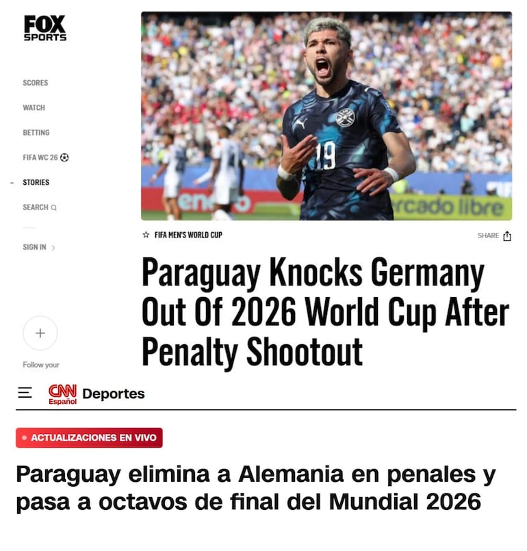 Medios internacionales se hicieron eco de la conquista guaraní ante Alemania. Los medios de Estados Unidos, como CNN, The New York Times y Fox Sport reaccionaron al la victoria de Paraguay ante Alemania en el Mundial