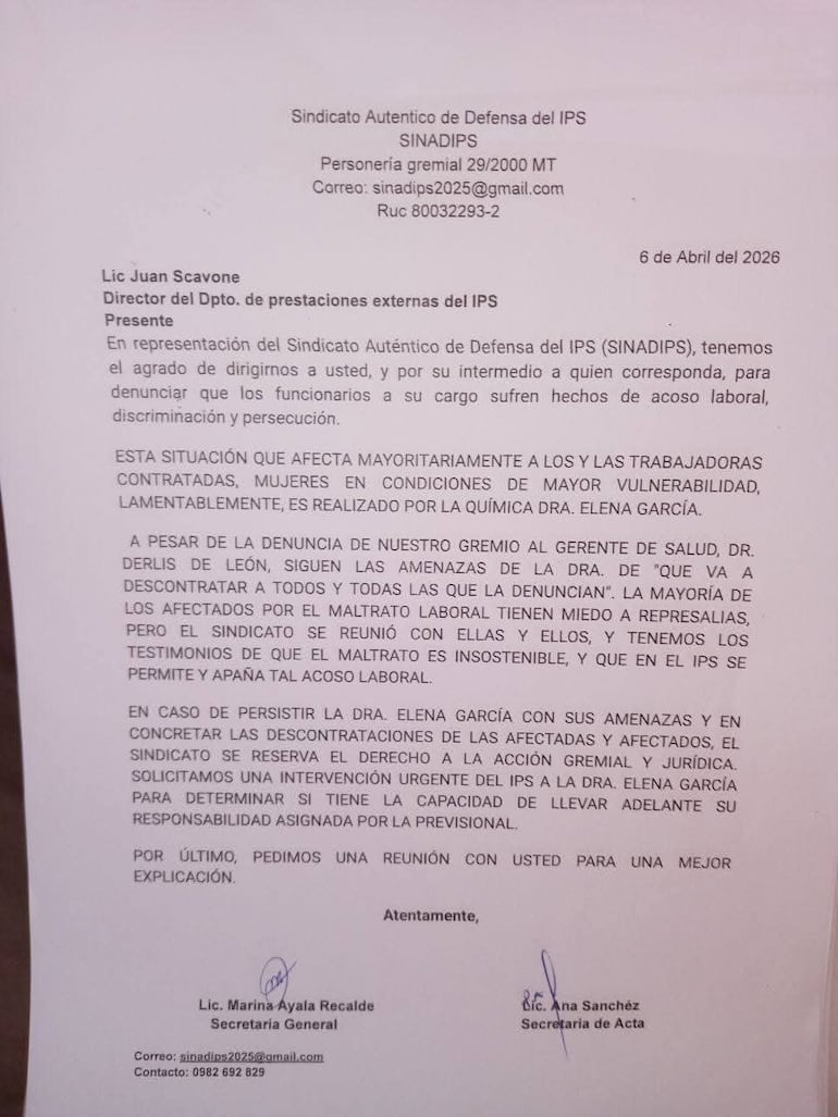 El Sindicato Auténtico de Defensa del IPS denunció acoso laboral en el seguro social.