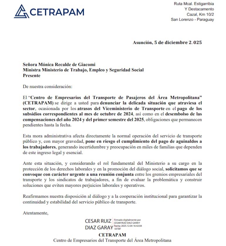 Nota que Cetrapam presentó ante el Ministerio de Trabajo.