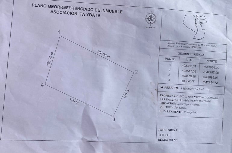 Plano georreferenciado del inmueble de la Asociación Ita Ybate, con dimensiones y coordenadas visibles.