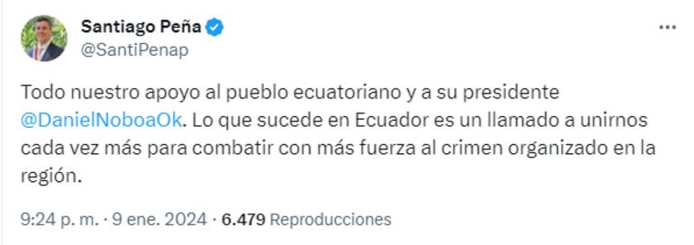 Publicación de la cuenta de X, del presidente Santiago Peña.