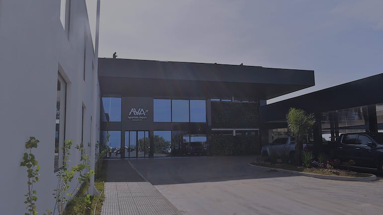 Fachada moderna del aeropuerto ejecutivo Aguavista, rodeada de vegetación y un camino de acceso bien cuidado.