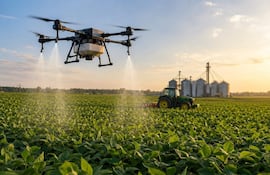 Dron sobre cultivo en campo agrícola, tractor John Deere a la derecha, silos metálicos al fondo y cielo parcialmente nublado.