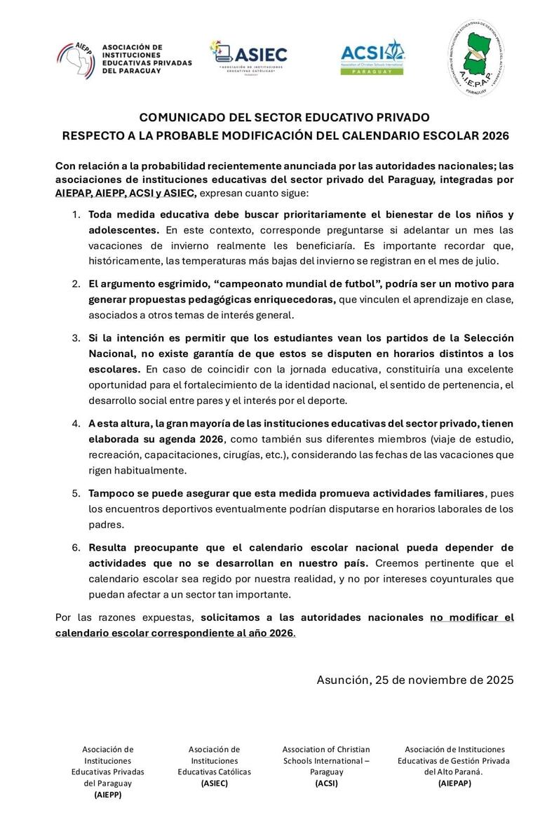 El comunicado de las asociaciones de colegios privados sobre las vacaciones de invierno.