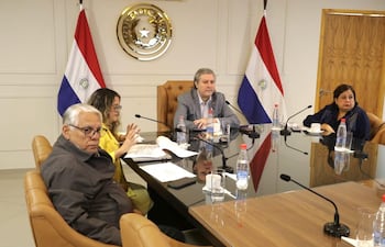 Ignacio Iramain (Independiente), Diana Vargas, asesora de la comisión, el senador Rafael Filizzola (PDP), presidente de la comisión antimafia de pagarés, y la senadora Esperanza Martínez (FG), en la presentación del informe de los principales hallazgos de la comisión.