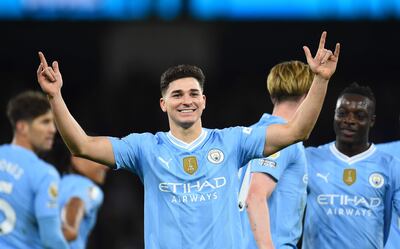 El argentino Julián Álvarez celebra uno de los goles que convirtió para el Manchester City