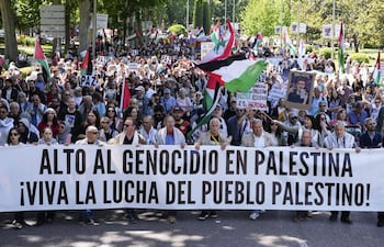 MADRID (ESPAÑA), 17/05/2026.- Vista de la manifestación convocada este domingo por diversas asociaciones por Palestina en Madrid para exigir un "embargo integral" de armas a Israel y la ruptura de todas las relaciones con ese país. EFE/ Borja Sanchez-Trillo