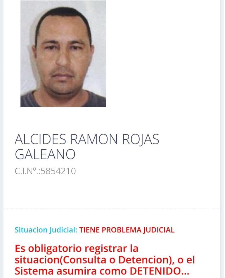 Ficha judicial de Alcides Ramón Rojas asesinado a tiros frente a una cancha de fútbol en Canindeyú.