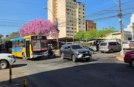 Un autobús amarillo y azul en movimiento, flanqueado por una camioneta negra y una SUV blanca en una intersección con árboles de flores rosas.