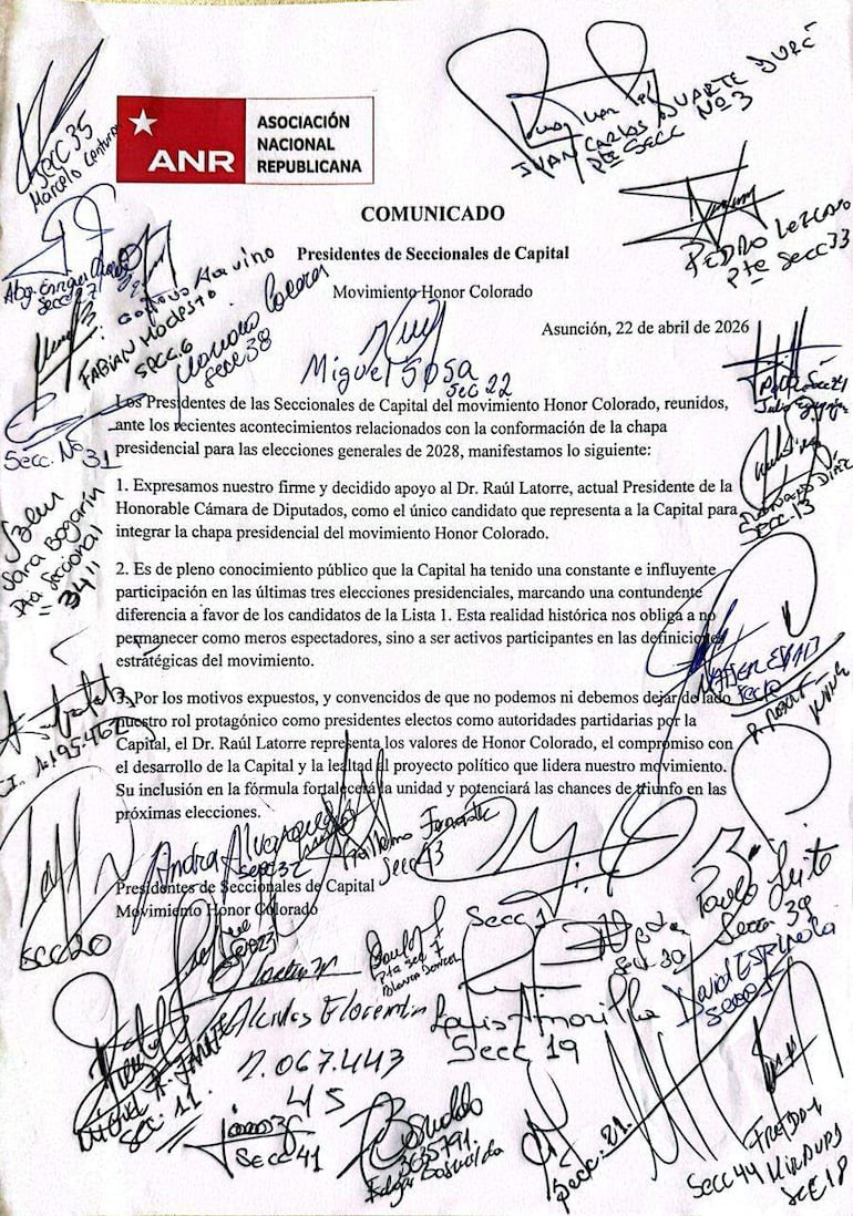 Documento oficial de Honor Colorado, fechado en Asunción con firmas de presidentes seccionales apoyando a Raúl Latorre.