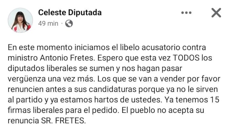 Escrito de la diputada Celeste Amarilla en su cuenta de Facebook, "Celeste Diputada"