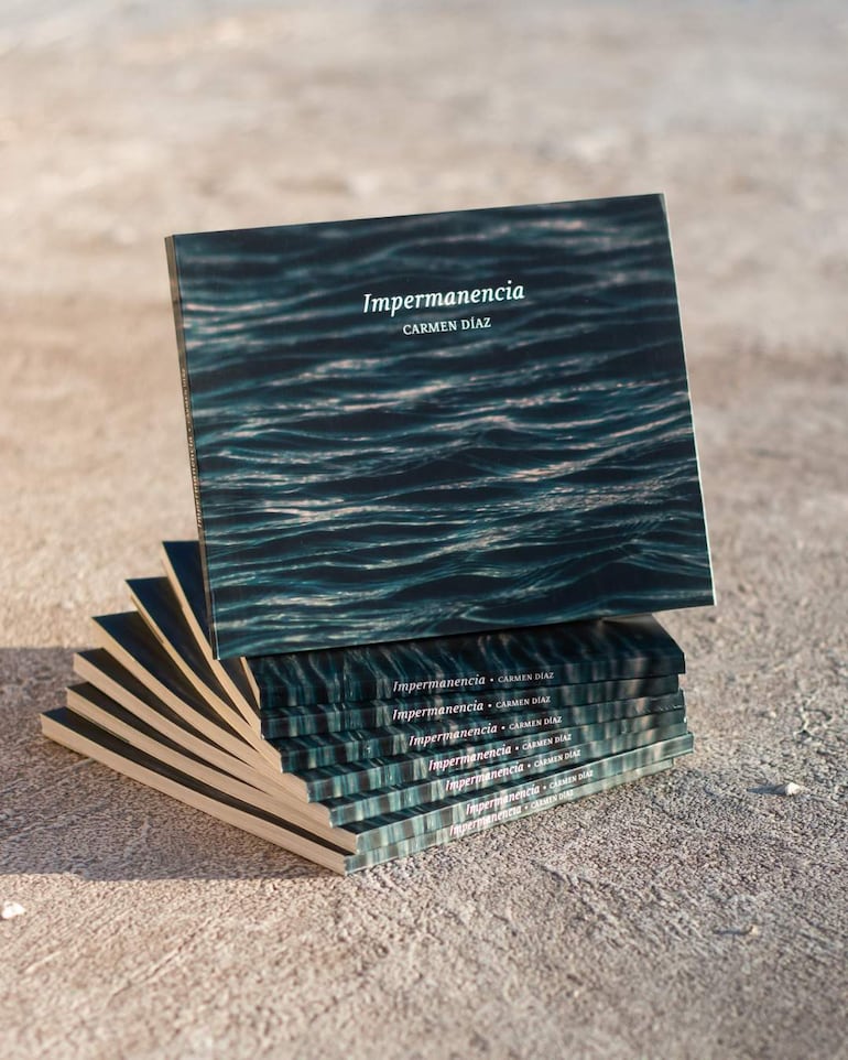 Apilamiento de libros sobre concreto, destacando 'Impermanencia' de Carmen Díaz con diseño en azul y verde.