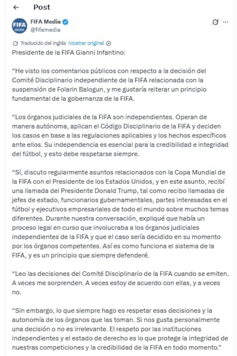 Comunicado de la FIFA sobre los cuestionamientos al levantamiento de la sanción a Folarin Balogun.