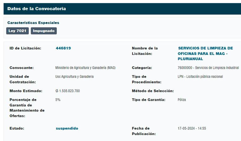 Según la DNCP, el llamado para el servicio de limpieza del MAG está suspendido.