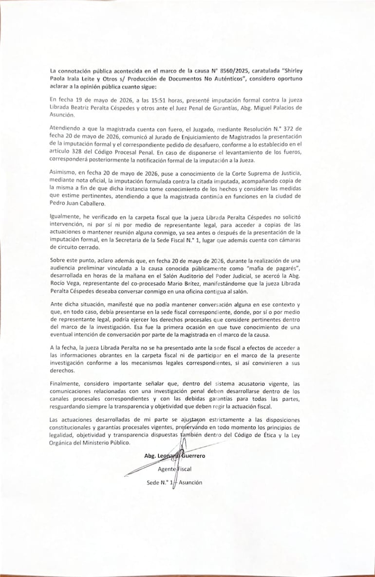 El Ministerio Público difundió en sus redes sociales un comunicado del fiscal Leonardi Guerrero, en relación a la situación que involucra a la jueza Librada Peralta.
