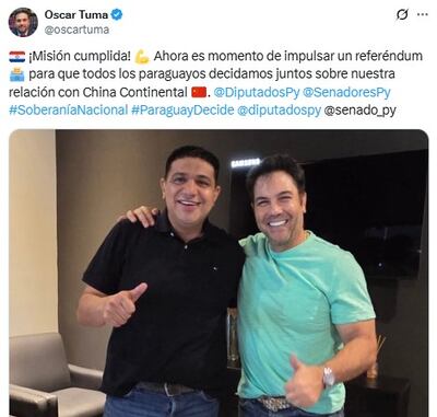 Publicación del abogado Oscar Tuma junto al diputado aliado cartista Hugo Meza.