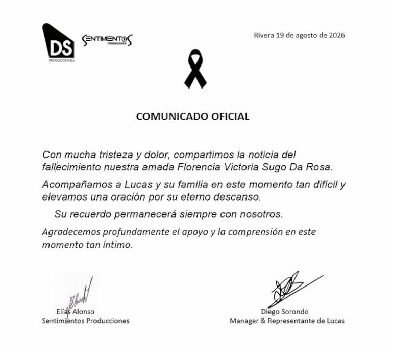 El triste comunicado del fallecimiento de Florencia Sugo. (Instagram/Lucas Sugo)
