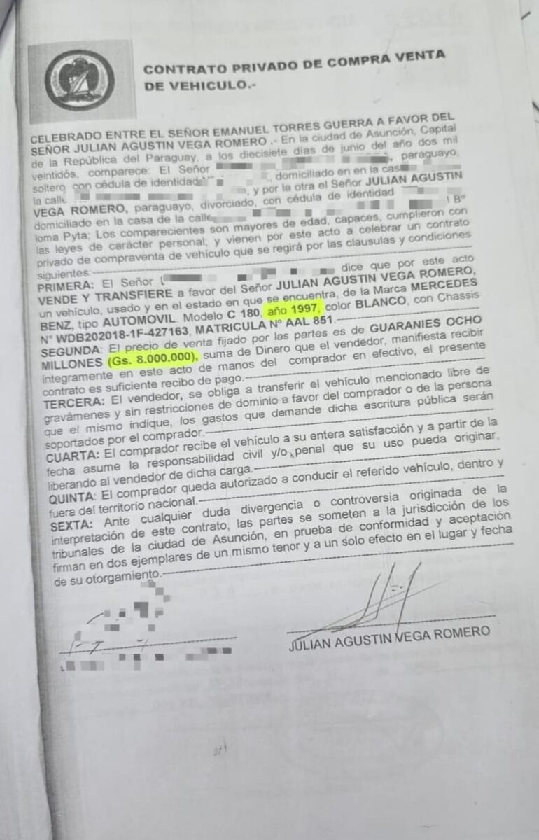 La misma señala que el único vehículo que utiliza es un Mercedes Benz del año 97, y desconoce los otros rodados que aparecen en su DD.JJ.