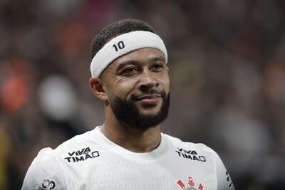 AMDEP3069. SAO PAULO (BRASIL), 26/02/2025.- Memphis Depay de Corinthians reacciona este miércoles, en un partido de la segunda ronda de la Copa Libertadores entre Corinthians y Universidad Central en el estadio Neo Quimica Arena en Sao Paulo (Brasil). EFE/ Sebastiao Moreira