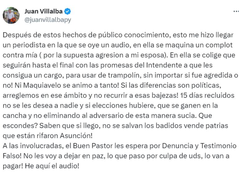 Publicación de la cuenta de X de Juan Villalba,