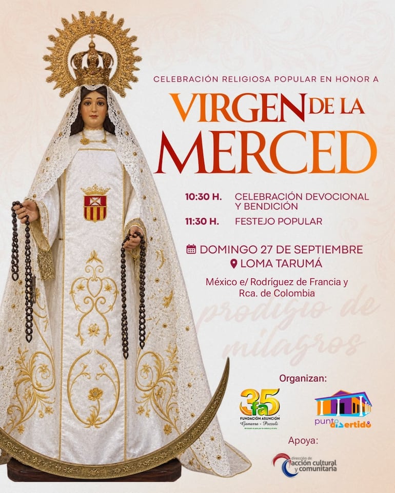 Afiche promocional de las celebraciones de la Virgen de la Merced en la Loma Taruma.
